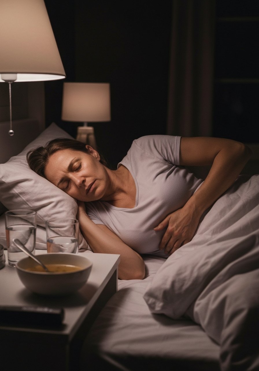 Une femme couchée la nuit, main sur le ventre, épuisée par sa MICI