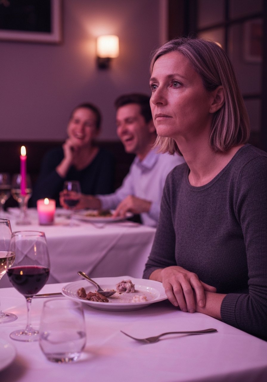 Une femme à un dîner avec amis, regard ailleurs, peur de manger